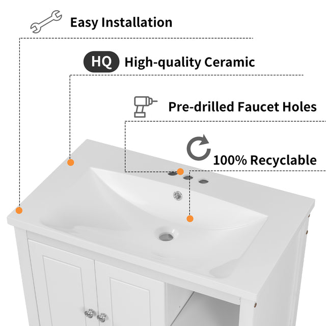 30" Single Bathroom Vanity Top with White Basin, 3-Faucet Holes, Ceramic