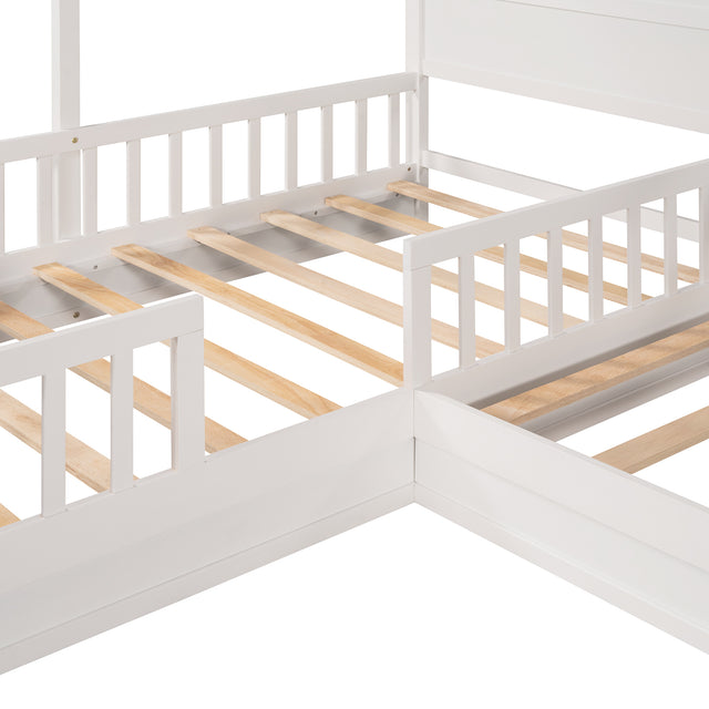 Wood House Bed Twin Size, 2 Twin Solid Bed L structure with fence and slatted frame (White)