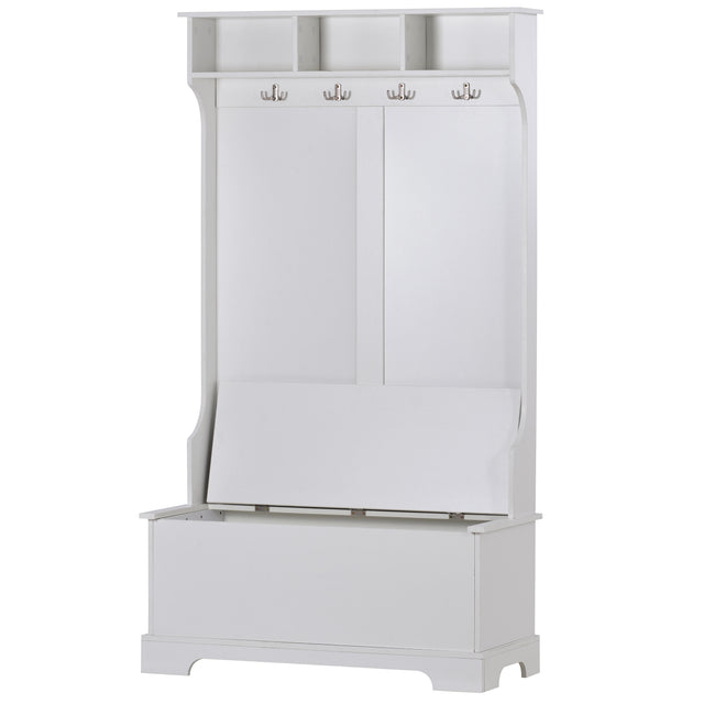 ON-TREND Hall Tree with 4 Hooks and Hinged Lid, Coat Hanger, Entryway Bench, Storage Bench, 3-in-1 Design, for Entrance, Hallway (White)