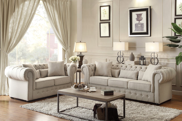 Luxurious Style 1pc Loveseat Beige Button-Tufted with 4 Pillows Fabric Upholstered Classic Look Living Room Furniture