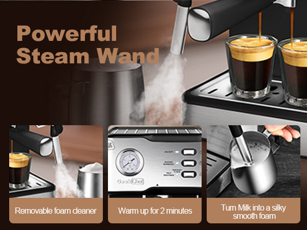 Geek Chef Espresso Machine,Espresso and Cappuccino latte Maker 20 Bar Pump Coffee Machine Compatible with pressure gauge&Milk Frother Steam Wand,stainless steel,1.5L Water ,Complimentary ESE FilterTan