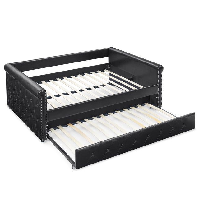 Daybed with Trundle Upholstered Tufted Sofa Bed, with Button and Copper Nail on Arms,Full Daybed & Twin Trundle, PU Black(85.5“x57”x30.5“)