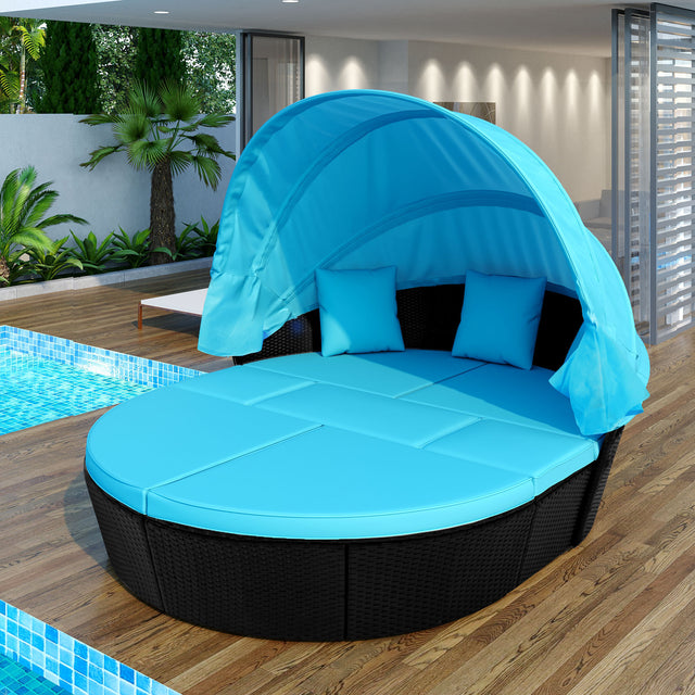 Outdoor rattan daybed sunbed with Retractable Canopy Wicker Furniture, Round Outdoor Sectional Sofa Set, black Wicker Furniture Clamshell Seating with Washable Cushions, Backyard, Porch, Blue.