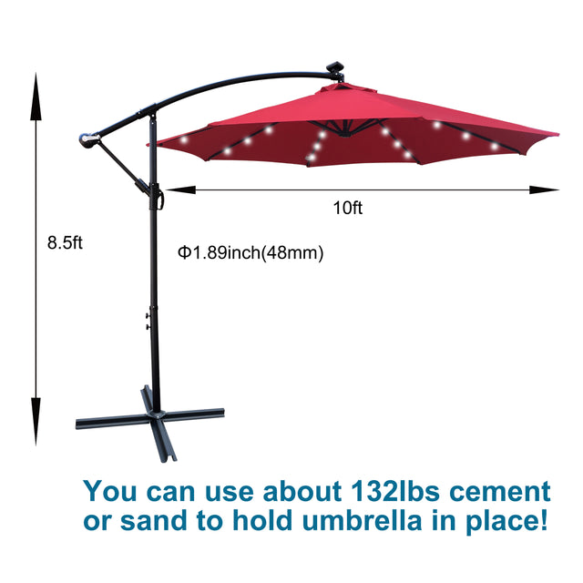 10 ft Outdoor Patio Umbrella Solar Powered LED Lighted 8 Ribs Umbrella with Crank and Cross Base for Garden Outside Deck Swimming Pool