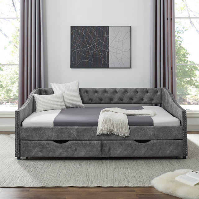 Full Size Daybed with Drawers Upholstered Tufted Sofa Bed, with Button on Back and Copper Nail on Waved Shape Arms,Grey(80.5“x55.5”x27.5“)
