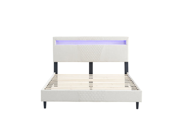 King Size Bed Frame, Modern Upholstered Platform Bed Frame with LED Lights and Height Adjustable Headboard, No Box Spring Needed/Easy Assembly/Pack in 1-Box/Noise-Free (Off white, King)