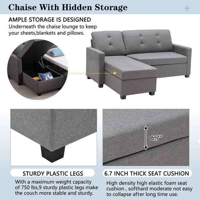 78.3" Convertible Sleeper Sofa Bed,Linen Pull Out Couch with Storage Chaise,Sleeper Counch with Memory Foam Mattress for Small Space Living Room Bedroom Office,Gray