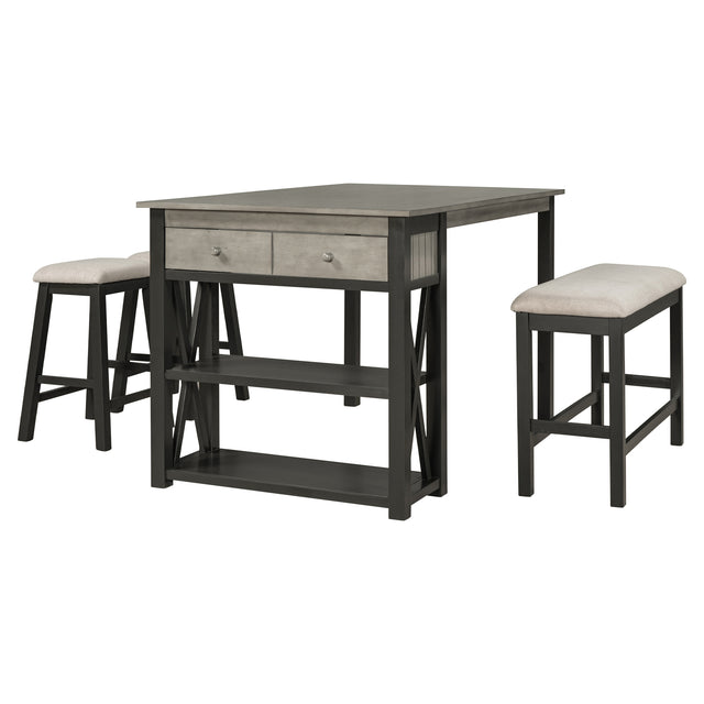 TOPMAX Rustic Wood 4-Piece Counter Height Dining Table Set with Storage Shelves and Drawer, Kitchen Table Set with 2 Stools and Bench, Gray