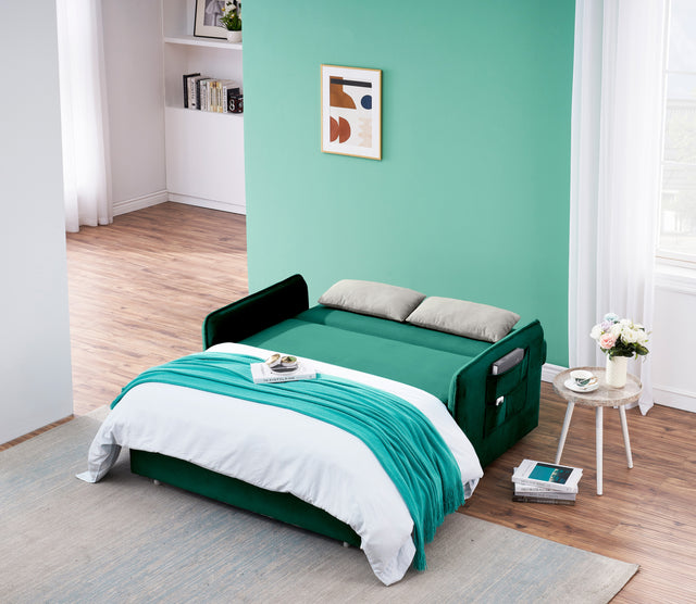 2120 Sofa Pull Out Bed Included Two Pillows 54" Green Velvet Sofa for Small Spaces