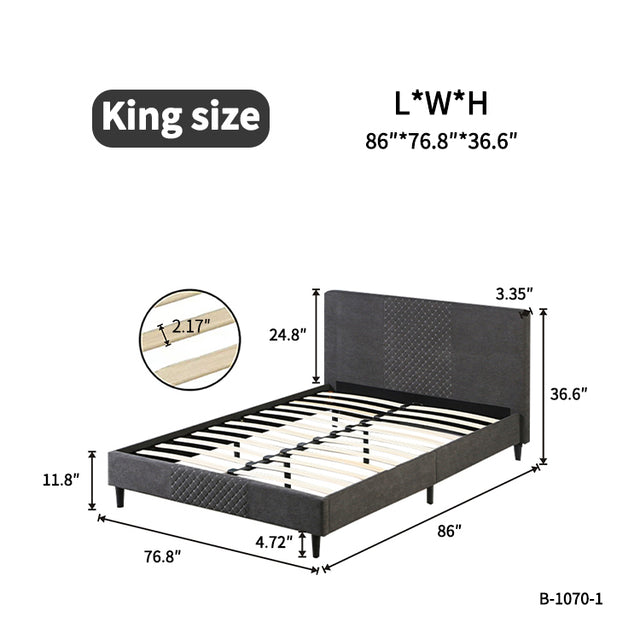 King Size Velvet Upholstered Tufted Platform Bed Frame with headboard, Strong Wooden Slats, No Box Spring Needed, Mattress Foundation, Easy Assembly, Dark Gray