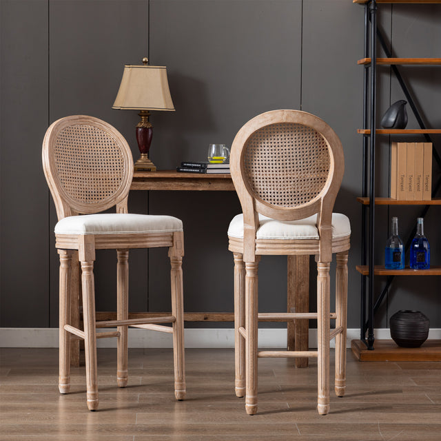 Hengming French Country Wooden Barstools Rattan Back With Upholstered Seating , Beige and Natural ,Set of 2