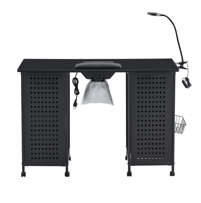 Manicure Table Nail Desk iron single Cabinet, Beauty Spa Salon Workstation w/ Wrist Rest, Lockable Cabinets,LED Lamp,Electric Downdraft Vent, 2 Cabinets, BLACK, 1SETS PER CTN