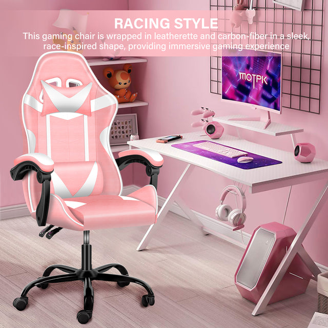 YSSOA Racing Video Backrest and Seat Height Recliner Gaming Office High Back Computer Ergonomic Adjustable Swivel Chair, Without footrest, Pink/White