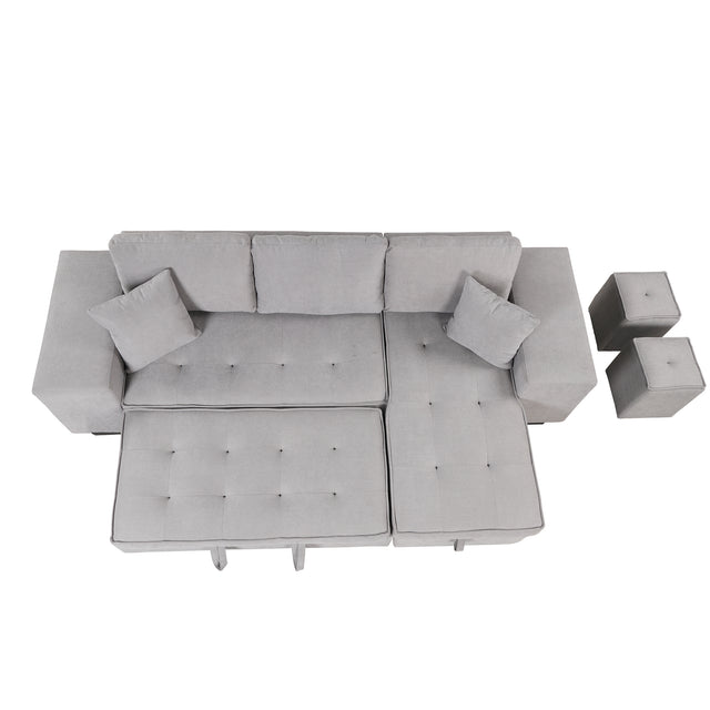 104" Pull Out Sleeper Sofa Reversible L-Shape 3 Seat Sectional Couch with Storage Chaise and 2 Stools for Living Room Furniture Set,Gray