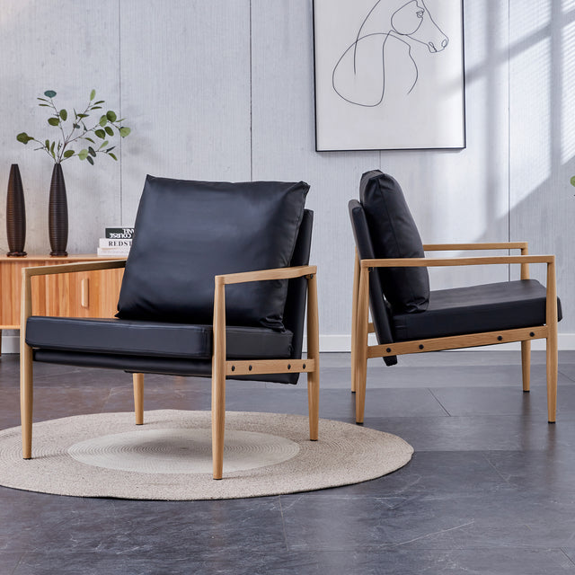 Sofa Chair.Black PU Leather Accent Arm Chair Mid Century Modern Upholstered Armchair with Imitation solid wood color Metal Frame Padded Backrest and Seat Cushion Sofa Chairs for Living Room