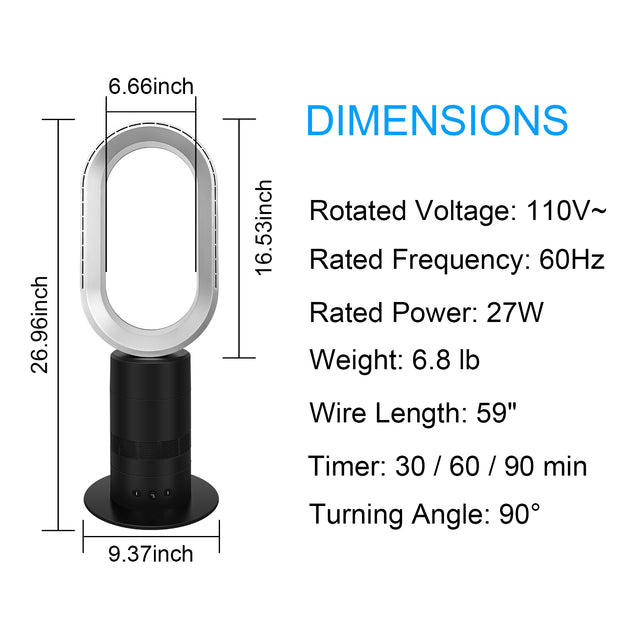 HealSmart 27 inch Bladeless Tower Fan, Adjustable Speeds Settings Floor Fan, 90° Swivel, 30-90 min Timing Closure Bladeless Fan, Stylish and Modern fan, Low Noise, Black