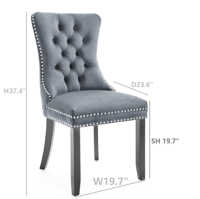 Upholstered Button Tufted Back Gray Velvet Dining Chair with Nailhead Trim and Solid Wood Legs 2 Sets