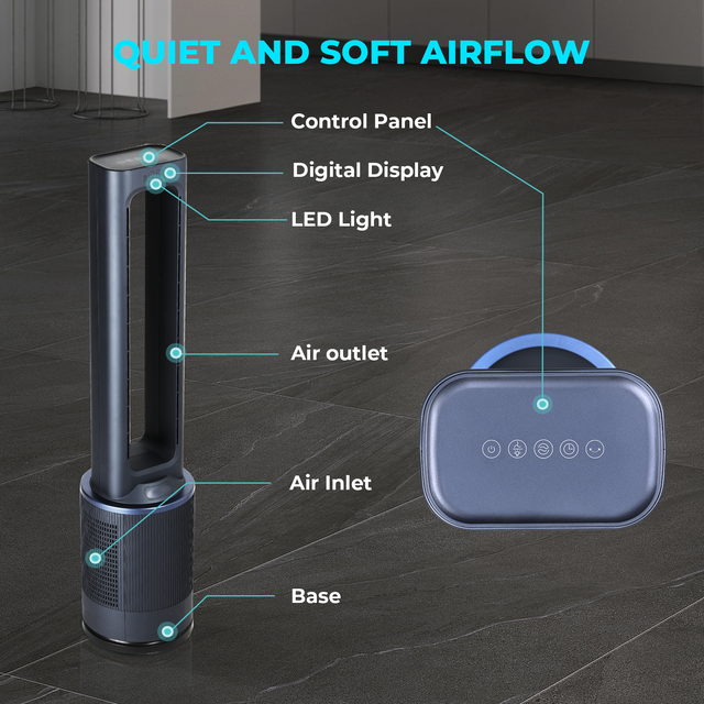 Simple Deluxe Sufficient Size Bladeless Fan, Standing Fan, Tower Fan, 12 Speeds Settings, 15Hour Timing Closure Bladeless Fan, Stylish And Modern Fan, Low Noise, 42 Inches, Blue