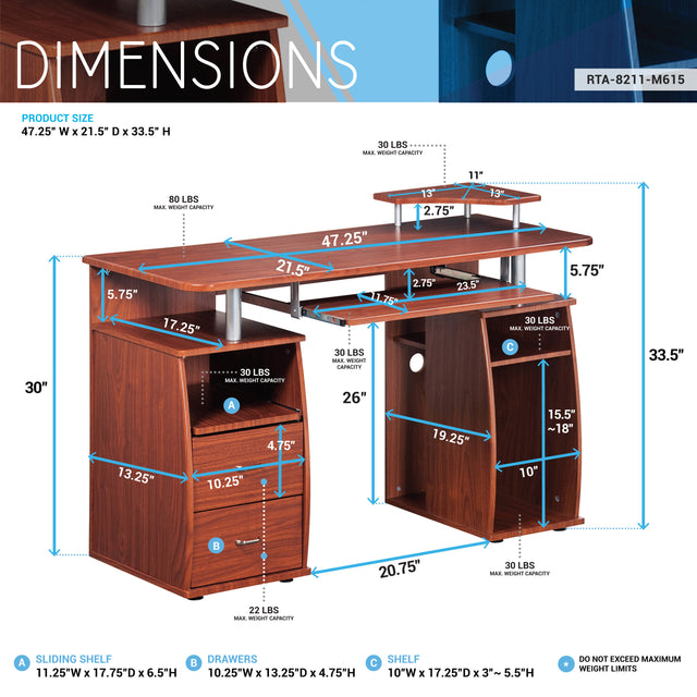 Techni Mobili Complete Computer Workstation Desk With Storage, Mahogany
