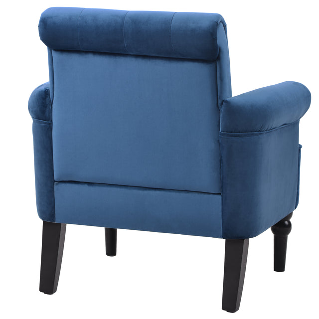 Elegant Button Tufted Club Chair Accent Armchairs Roll Arm Living Room Cushion with Wooden Legs, Navy Blue