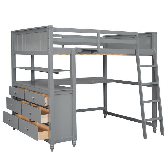 Full size Loft Bed with Drawers and Desk, Wooden Loft Bed with Shelves - Gray(OLD SKU:LT000529AAE)