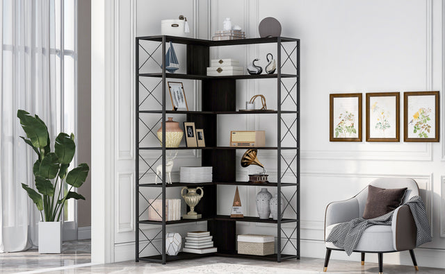7-Tier Bookcase Home Office Bookshelf, L-Shaped Corner Bookcase with Metal Frame, Industrial Style Shelf with Open Storage, MDF Board