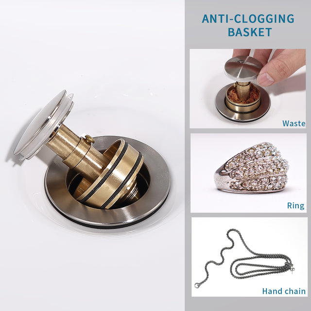 Pop-Up Drain Stainless Steel With Overflow Anti-Clogging for Vessel Sink Lavatory Vanity Sink Drain with Strainer Basket, Brushed Nickel