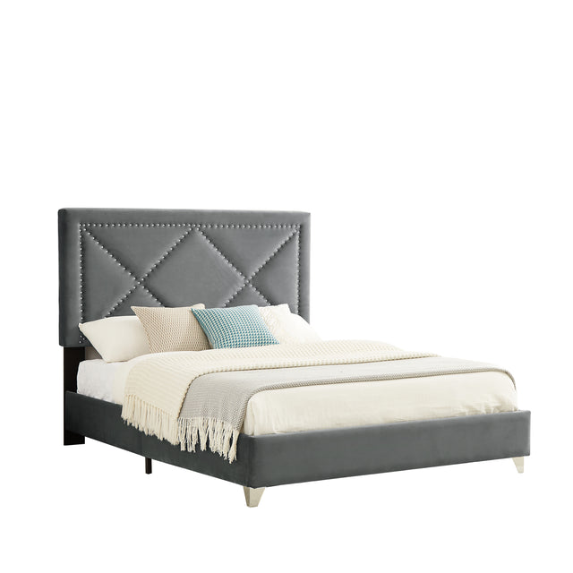 B109 Soft mattress with copper nail headboard, Queen bed, strong wooden slats + metal support feet, Gray Flannelette