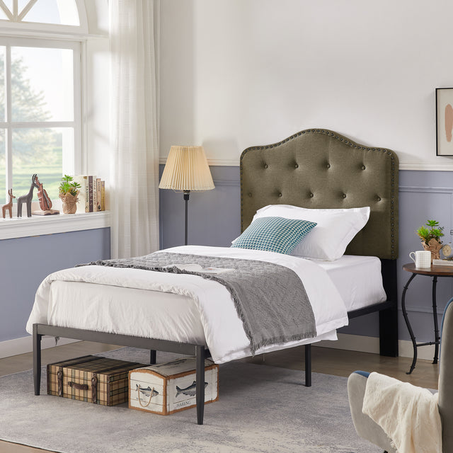 B113 Twin bed, Beautiful headboard with buttons Strong iron frame with high temperature paint