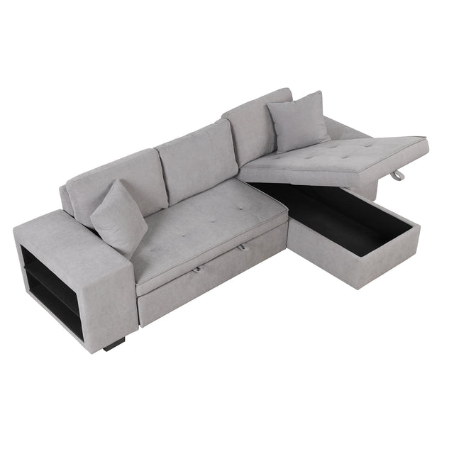 104" Pull Out Sleeper Sofa Reversible L-Shape 3 Seat Sectional Couch with Storage Chaise and 2 Stools for Living Room Furniture Set,Gray