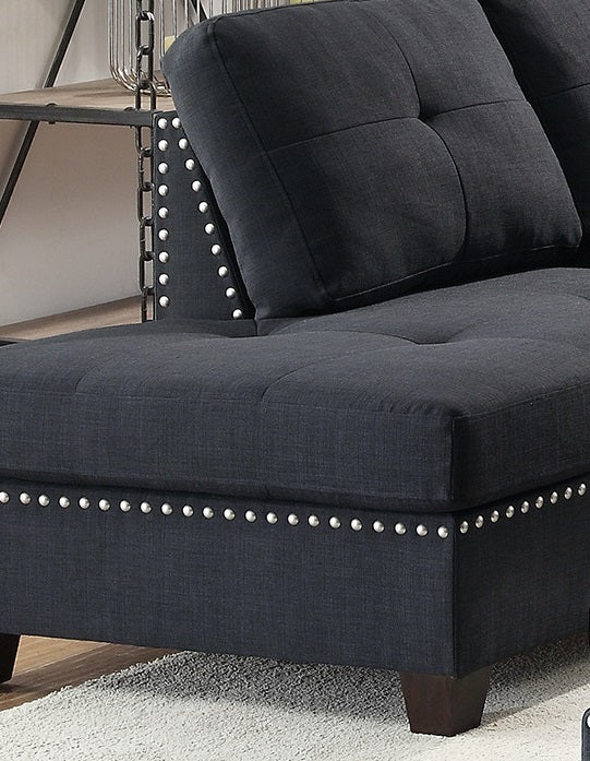 3-pcs Sectional Sofa Black Polyfiber Cushion Sofa Chaise Ottoman Reversible Couch Pillows