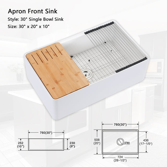Fireclay 30" L X 20" W Workstation Farmhouse Kitchen Sink With Accessories
