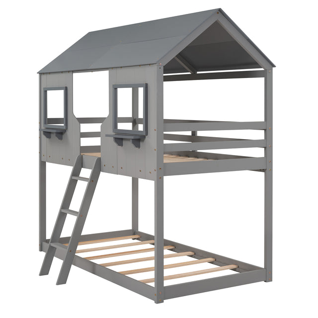 Twin Over Twin Bunk Bed Wood Bed with Roof, Window, Guardrail, Ladder (Gray)(OLD SKU :LP000045AAE)