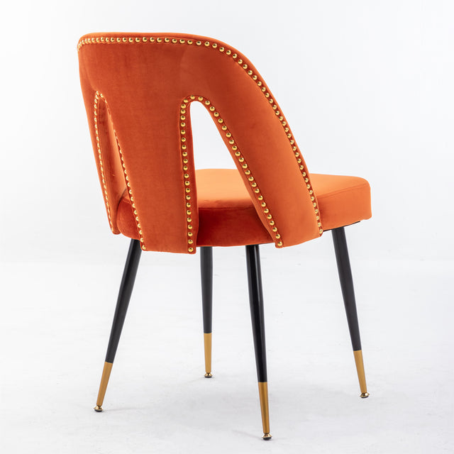 A&A Furniture,Akoya Collection Modern | Contemporary Velvet Upholstered Dining Chair with Nailheads and Gold Tipped Black Metal Legs, Orange,Set of 2