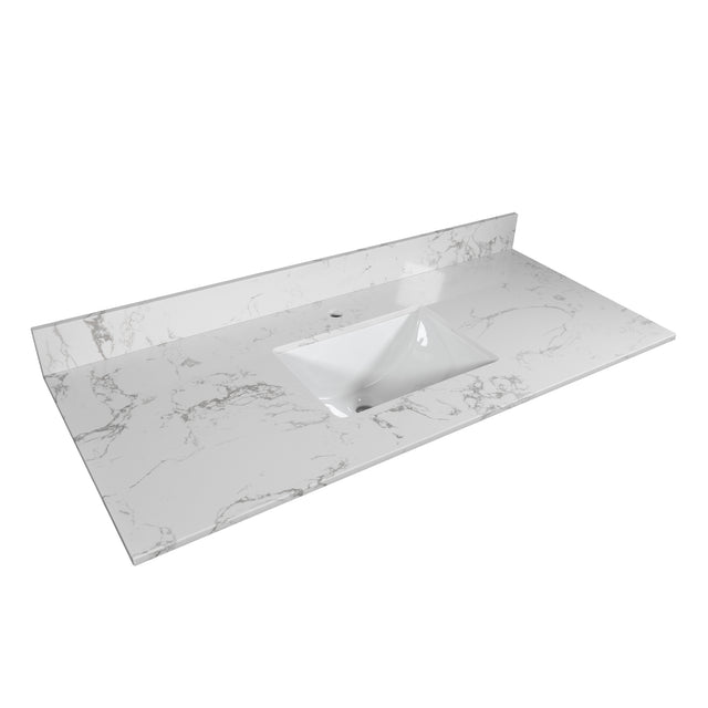 Montary 43‘’x22" bathroom stone vanity top engineered stone carrara white marble color with rectangle undermount ceramic sink and single faucet hole with back splash .
