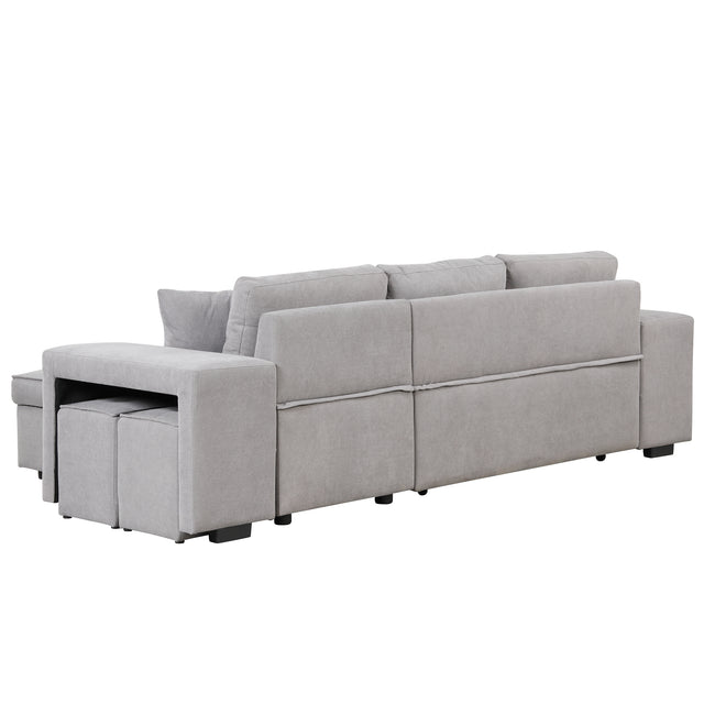 104" Pull Out Sleeper Sofa Reversible L-Shape 3 Seat Sectional Couch with Storage Chaise and 2 Stools for Living Room Furniture Set,Gray
