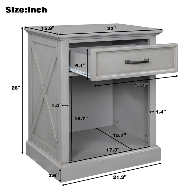 Old Paint Style Modern Wooden Nightstand with Drawers Storage for Living Room/Bedroom, Gray