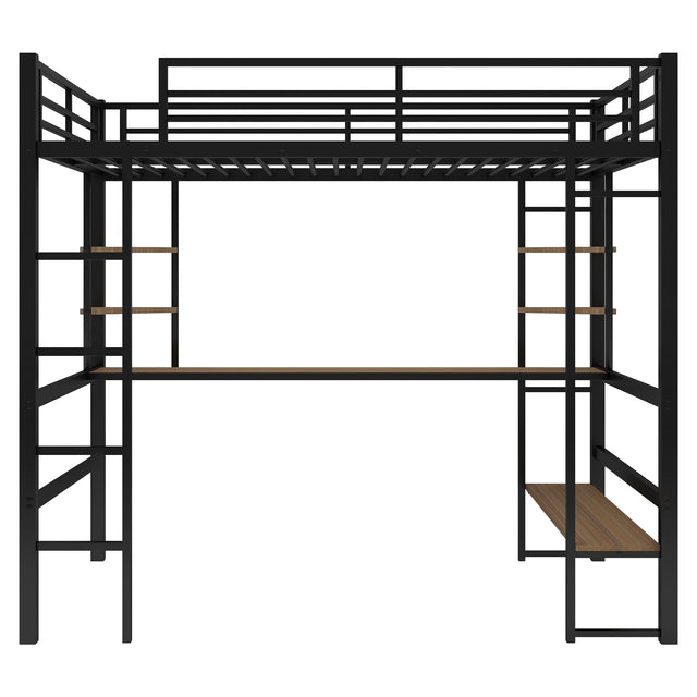 Full Size Loft Metal&MDF Bed with Long Desk and Shelves,Black(OLD SKU:SM000608AAB-1)