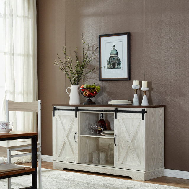 Buffet Sideboard/TV Stand / Storage Cabinet with 2 Sliding Barn Doors, Walnut+White Wash