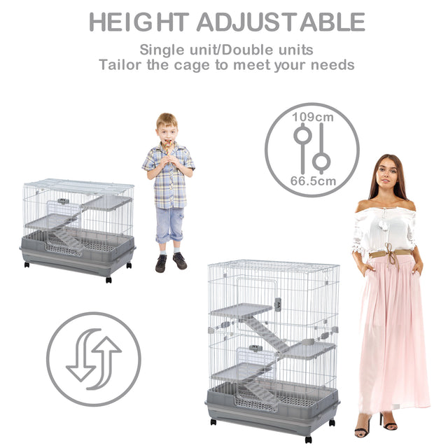 4-Tier 32"Small Animal Metal Cage Height Adjustable with Lockable Casters Grilles Pull-out Tray for Rabbit Chinchilla Ferret Bunny Guinea Pig Squirrel Hedgehog(GREY)(=OLD SKU:W69133215)