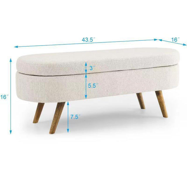 Ottoman Oval Storage Bench, Rubber Wood Legs, Beige(43.5“x16”x16“)