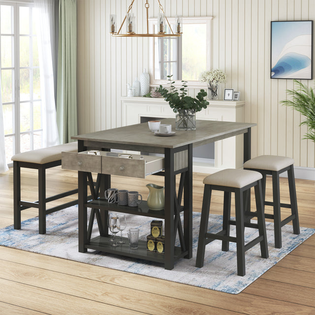TOPMAX Rustic Wood 4-Piece Counter Height Dining Table Set with Storage Shelves and Drawer, Kitchen Table Set with 2 Stools and Bench, Gray