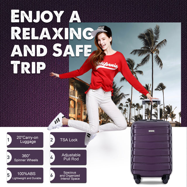20" Carry on Luggage ABS Lightweight Suitcase, Spinner Wheels, TSA Lock, Purple