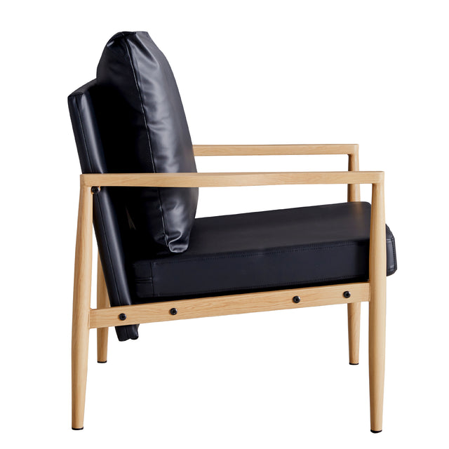 Sofa Chair.Black PU Leather Accent Arm Chair Mid Century Modern Upholstered Armchair with Imitation solid wood color Metal Frame Padded Backrest and Seat Cushion Sofa Chairs for Living Room