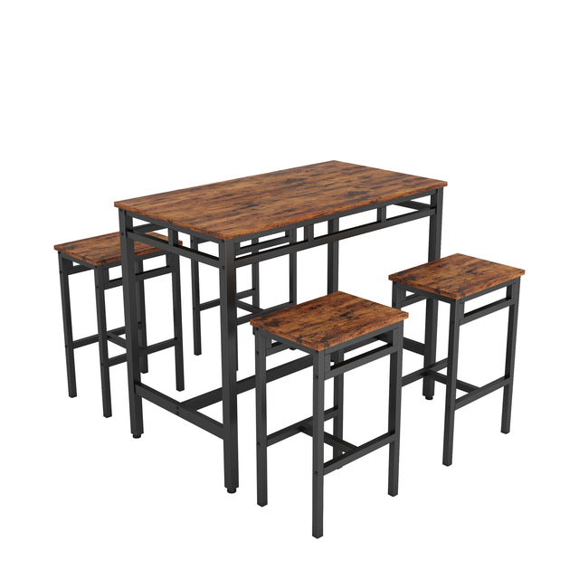 Bar table set 5PC Dinging table set with high stools, structural strengthening, industrial style. Rustic Brown, 43.31'' L x 23.62'' W x 35.43'' H.