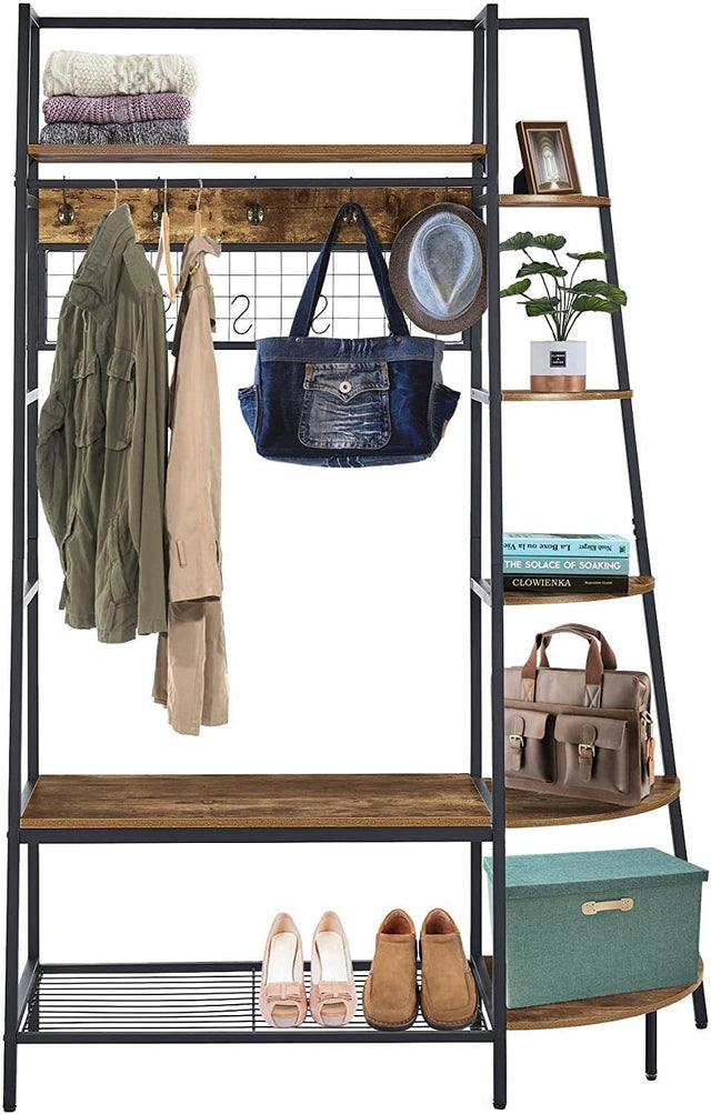 Entryway Coat Rack/ Hall Tree with Bookshelves, Multiple Hooks, and Bench Seat