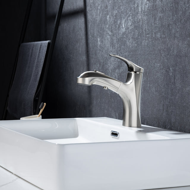 Pull Out Bathroom Faucet, Single Hole Bathroom Sink Faucet with 3 Modes Pull Down Sprayer, One Handle Modern Vanity Faucet, Farmhouse Lavatory Faucet