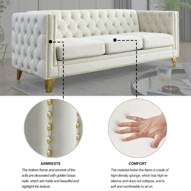 {Contact us for 3D modeling} Velvet Sofa for Living Room,Buttons Tufted Square Arm Couch, Modern Couch Upholstered Button and Metal Legs, Sofa Couch for Bedroom, Beige Velvet