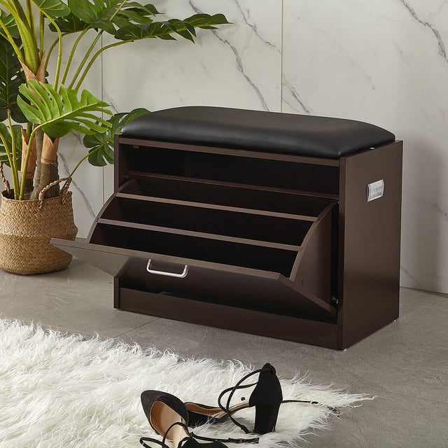 Living room shoe bench with PU seat,small size shoe cabinet,brown finish