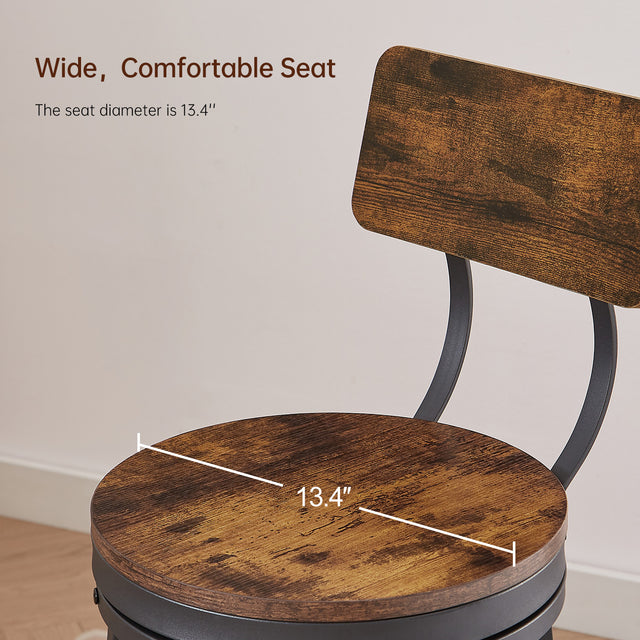 Swivel bar stool set of 2 with backrest, industrial style, metal frame, 29.5'' high.(Rustic Brown,13.4’’w x 40.5’’h)
